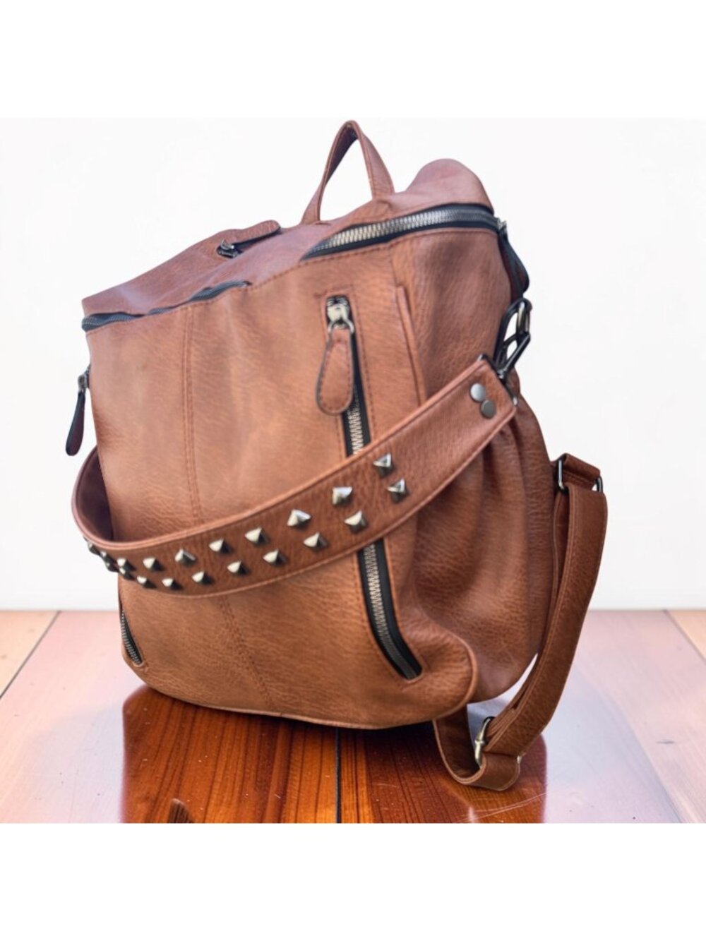 Roulens Brown Studded Faux Leather Convertible Backpack Multiple Compartments